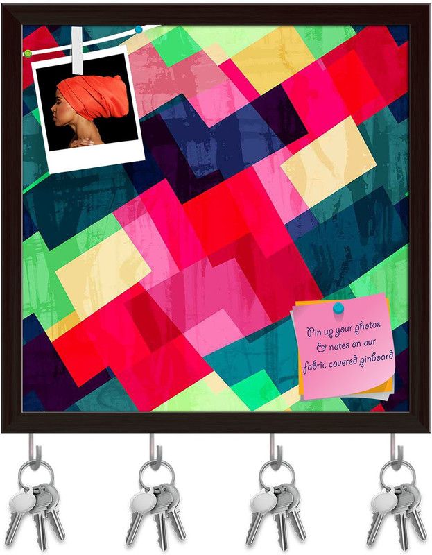 Artzfolio Mosaic D2 Pinboard with Key Holder Hooks Dark Brown Frame 20x20inch (51x51cms) Cork Bulletin Board  (Multicolor 20 x 20 inch (51 x 51 cms))
