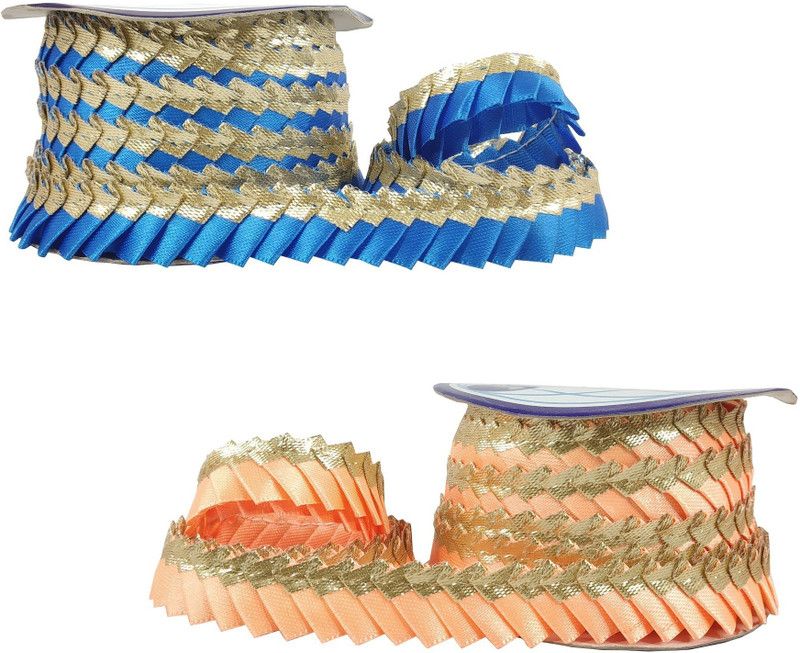 Adhvik Pack of 2 (9 Mtr Roll, Width: 2cm) Blue and Peach Satin Frill Gota Patti Lace Lace Reel  (Pack of 2)