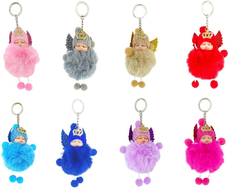 ShubhKraft Cute Sleeping Baby Fur Doll Pompom Keychain For Girls (Pack of 8, Multicolor) Key Chain