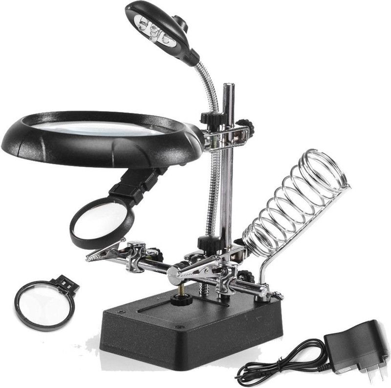 VTECH magnifier with led, magnifier desk lamp, magnifier lamp, soldering iron stand, Welding magnifying glass 5 LED Light 10X Auxiliary Clip Magnifier 3 In1 Hand Soldering Solder Iron Stand Holder Station 10 Soldering  (Black, Silver)