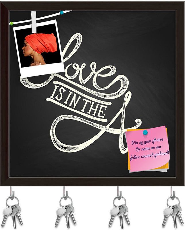 Artzfolio Love Is In The Air Pinboard with Key Holder Hooks Dark Brown Frame 20x20inch Cork Bulletin Board  (Multicolor 20 x 20 inch (51 x 51 cms))