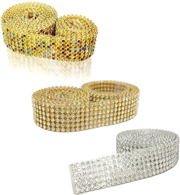 Adhvik CWG0334-004 Pack of 3 (1.25mtr and 2cm Width) 6-Line Multi Zarkan Nug Stone Gota Trim Lace Lace Reel  (Pack of 3)