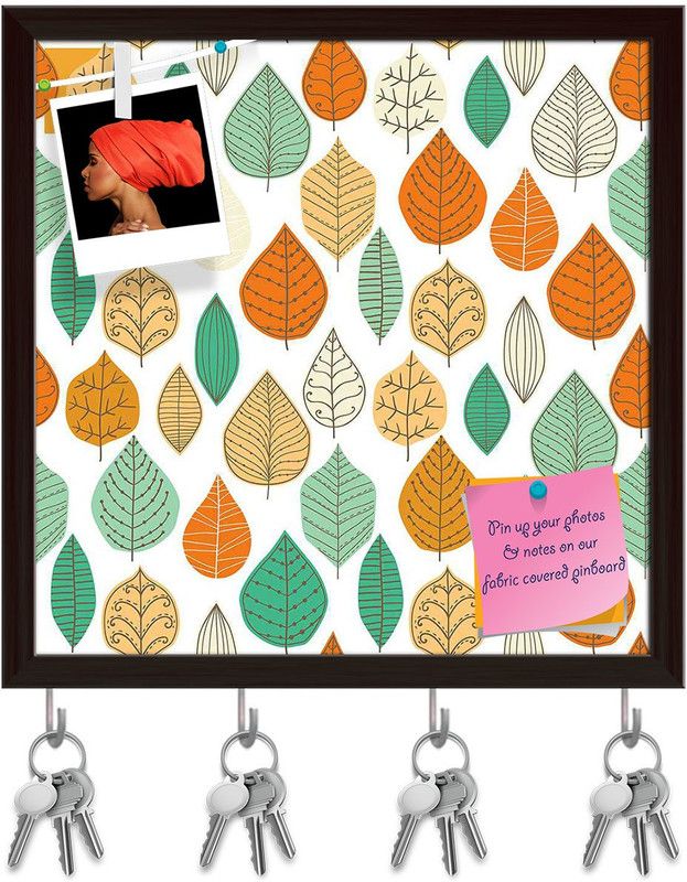 Artzfolio Leaf Art D1 Pinboard with Key Holder Hooks Dark Brown Frame 16x16inch (41x41cms) Cork Bulletin Board  (Multicolor 16 x 16 inch (41 x 41 cms))