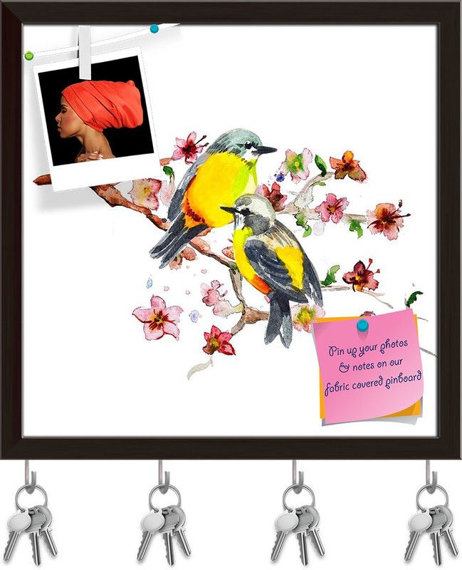 Artzfolio Cute Bird D3 Pinboard with Key Holder Hooks Dark Brown Frame 16.1x16inch Cork Bulletin Board  (Multicolor 16.1 x 16 inch (41 x 41 cms))