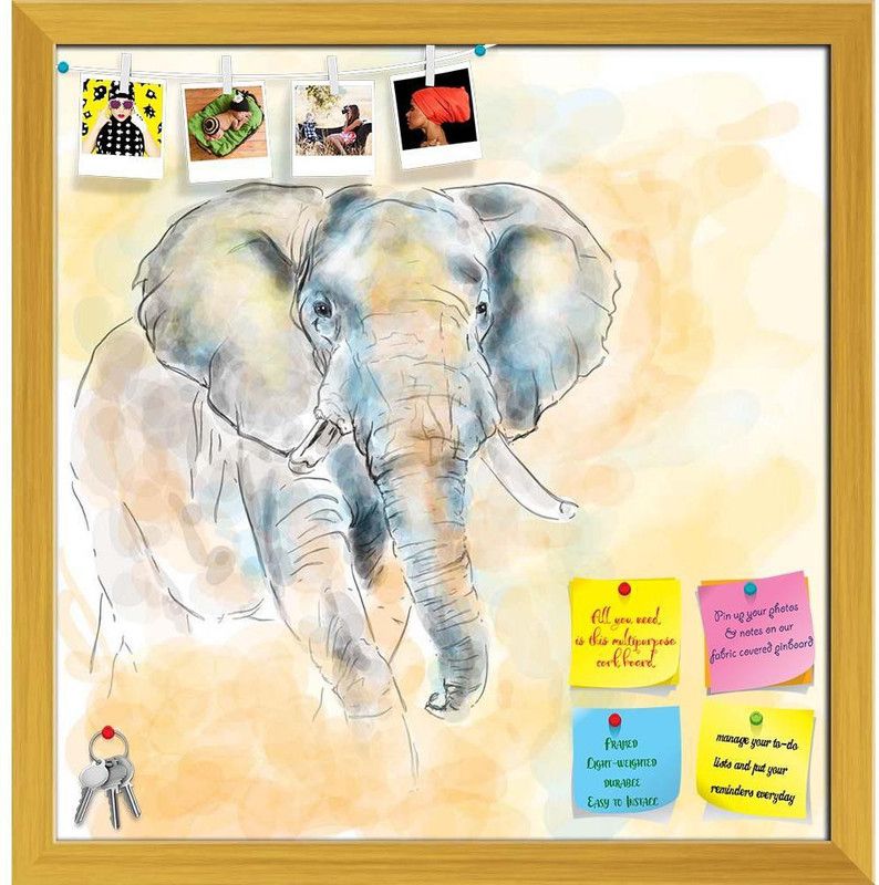 Artzfolio Elephant Aquarelle Artwork Notice Pin Board Golden Frame 20x20.6inch (51x52cms) Cork Bulletin Board  (Multicolor 20 x 20.6 inch (51 x 52 cms))