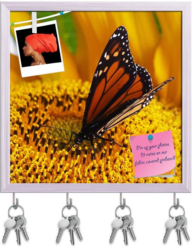 Artzfolio Monarch Butterfly Sitting On Yellow Sunflower Pinboard & Key Hooks White20x20in Cork Bulletin Board  (Multicolor 20 x 20 inch (51 x 51 cms))