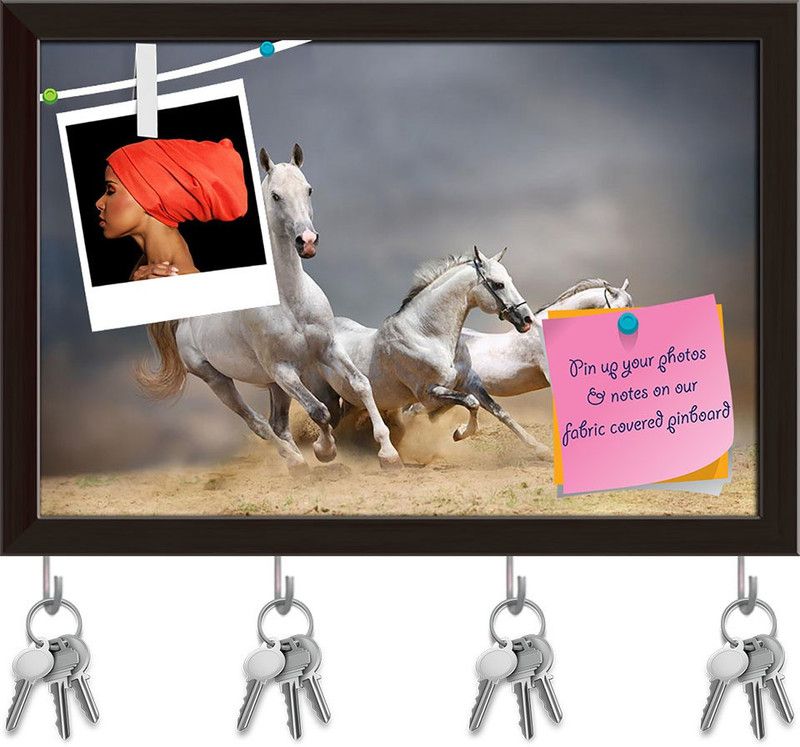 Artzfolio White Horses D4 Pinboard with Key Holder Hooks Dark Brown Frame 11.6x8inch Cork Bulletin Board  (Multicolor 11.6 x 8 inch (29 x 20 cms))
