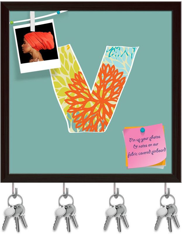 Artzfolio Floral Letter V Pinboard with Key Holder Hooks Dark Brown Frame 20x20inch Cork Bulletin Board  (Multicolor 20 x 20 inch (51 x 51 cms))