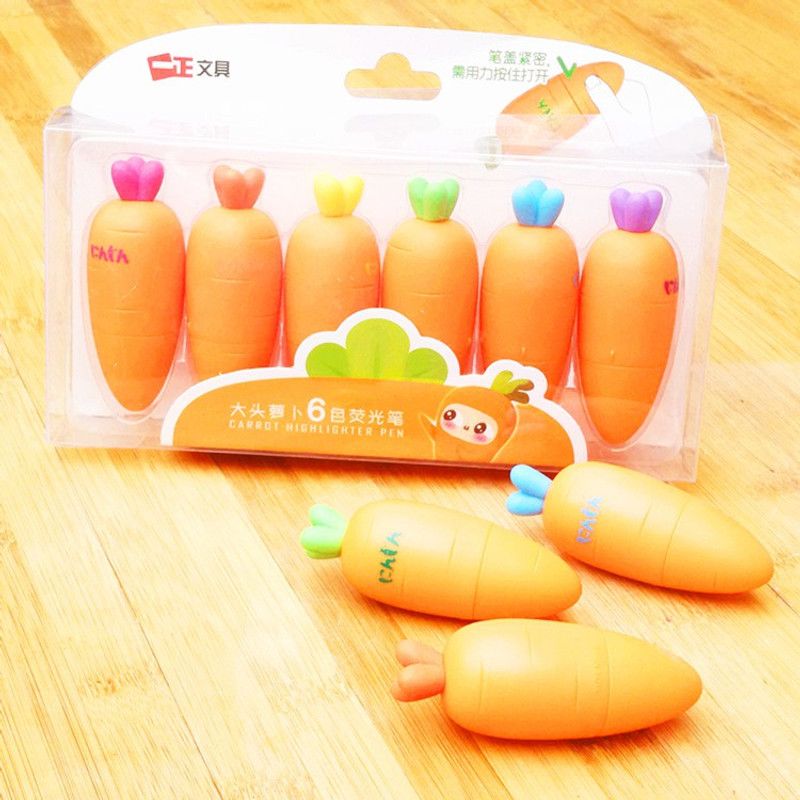 dishvy Cute ORANGE CARROT Theme Highlighters |Ideal Gifts For Stationery & Kids.  (Set of 6, Pink, Blue, Green, Yellow, Green)