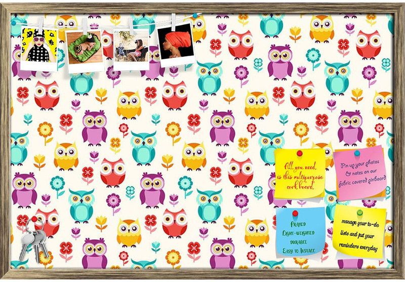 Artzfolio Cute Owls Pattern Background Notice Pin Board Soft Board with Push Pins Cork Bulletin Board  (Antique Gold Frame 24 x 16 inch (61 x 41 cms))