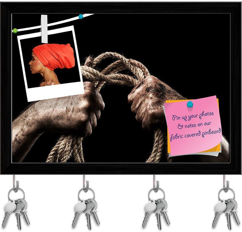 Artzfolio Male Hand With Rope Pin Board with Key Holders Black Frame 11.3x8inch (29x20cms) Cork Bulletin Board  (Multicolor 11.3 x 8 inch (29 x 20 cms))