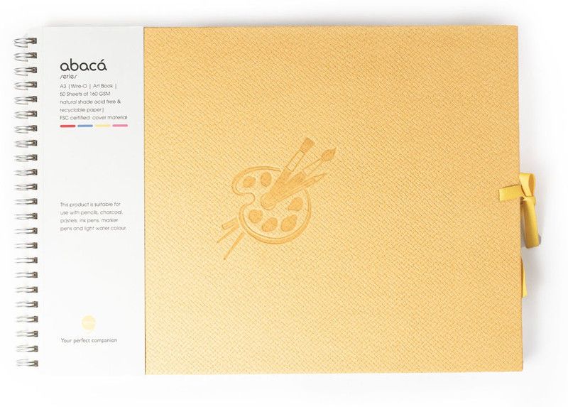comma Abaca – Wire-O Bound Sketchbook with Ribbon Closure – A3 Size (Large) – 50 Sheets – 160gsm (Yellow ) Sketch Pad  (50 Sheets)