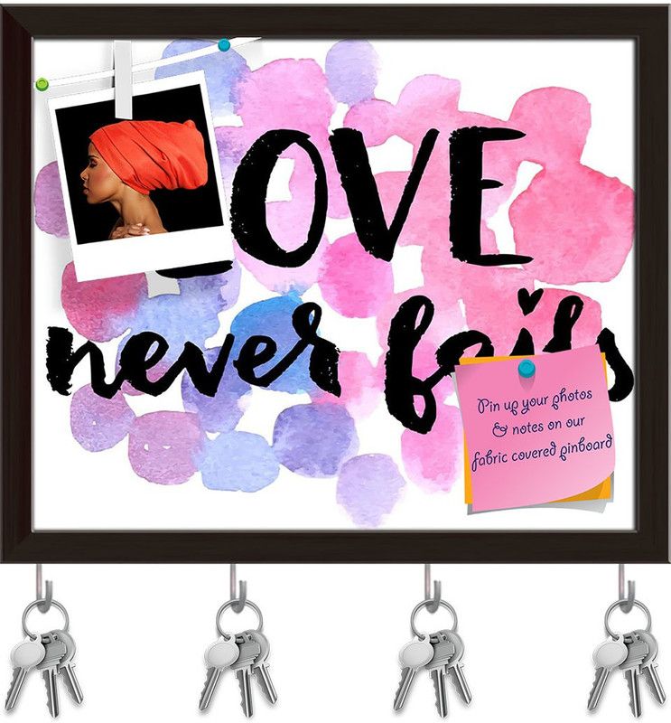 Artzfolio Love Never Fails D1 Pinboard with Key Holder Hooks Dark Brown Frame 19.4x16inch Cork Bulletin Board  (Multicolor 19.4 x 16 inch (49 x 41 cms))