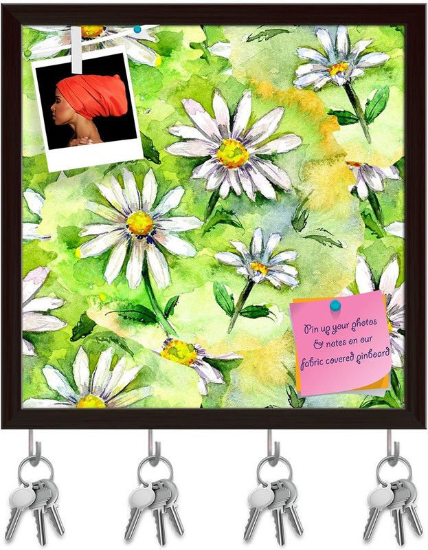 Artzfolio Flowers D3 Pinboard with Key Holder Hooks Dark Brown Frame 20x20inch (51x51cms) Cork Bulletin Board  (Multicolor 20 x 20 inch (51 x 51 cms))
