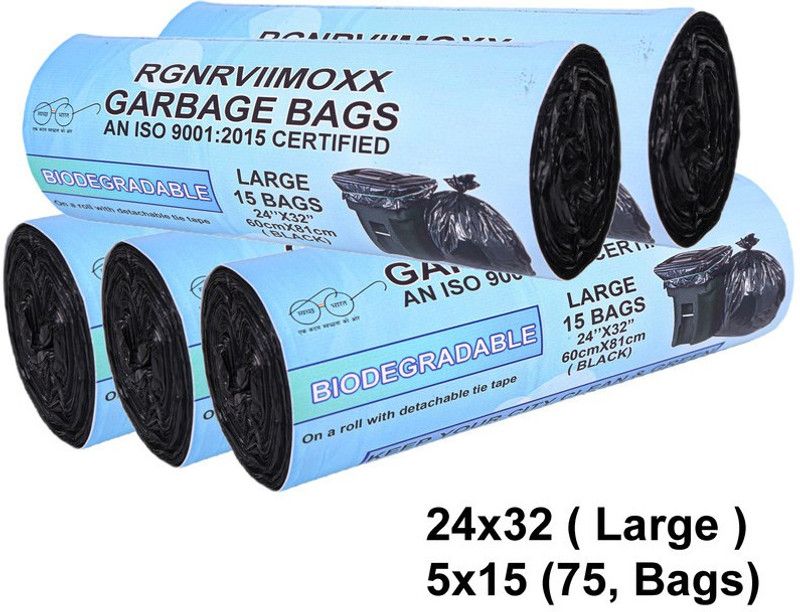 RGNRVIIMOXX OXO-Biodegradable Garbage Bags 24x32 Inches (Large) pack of 5 Roll (75,Bags ) black Large 20-30 L Garbage Bag  (75Bag )