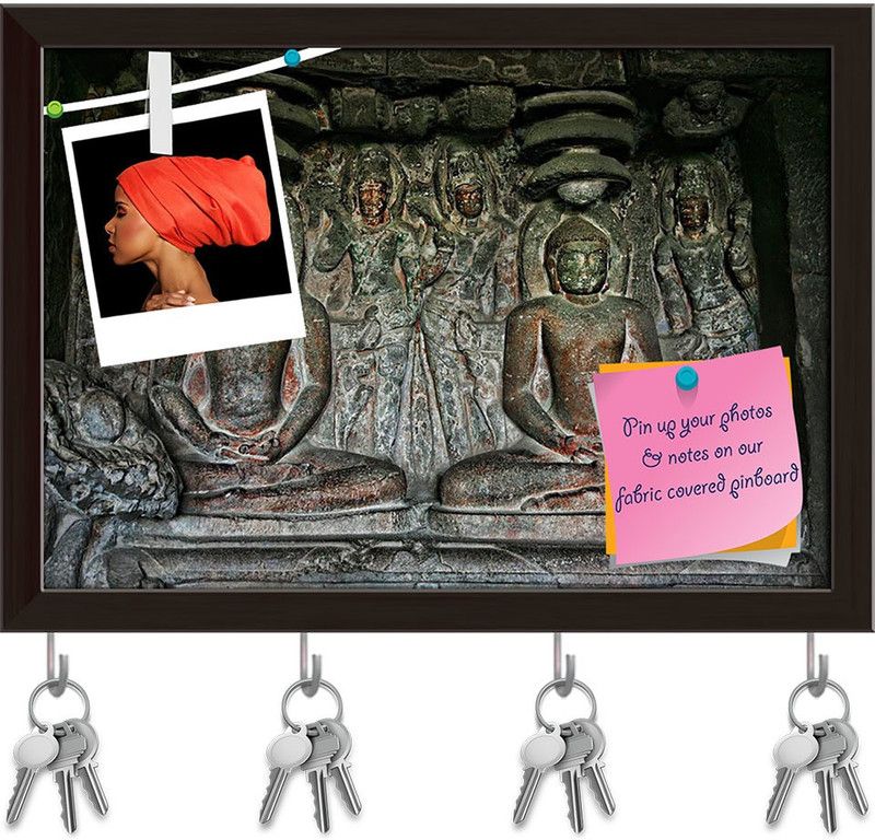 Artzfolio Ellora Cave India Pinboard with Key Holder Hooks Dark Brown Frame 8.3x6inch Cork Bulletin Board  (Multicolor 8.3 x 6 inch (21 x 15 cms))