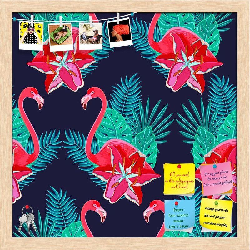 Artzfolio Hawaiian Flamingo Birds & Hibiscus Flowers Pattern Notice Pin Soft Board Cork Bulletin Board  (Natural Brown Frame 28 x 28 inch (71 x 71 cms))