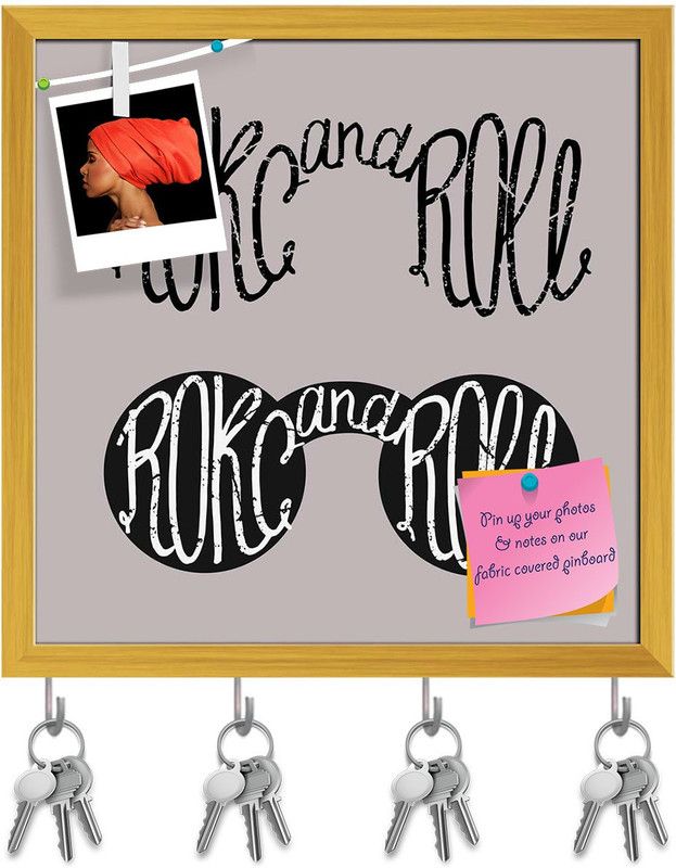 Artzfolio Rock & Roll Pin Board with Key Holder Hooks Golden Frame 8x8inch (20x20cms) Cork Bulletin Board  (Multicolor 8 x 8 inch (20 x 20 cms))