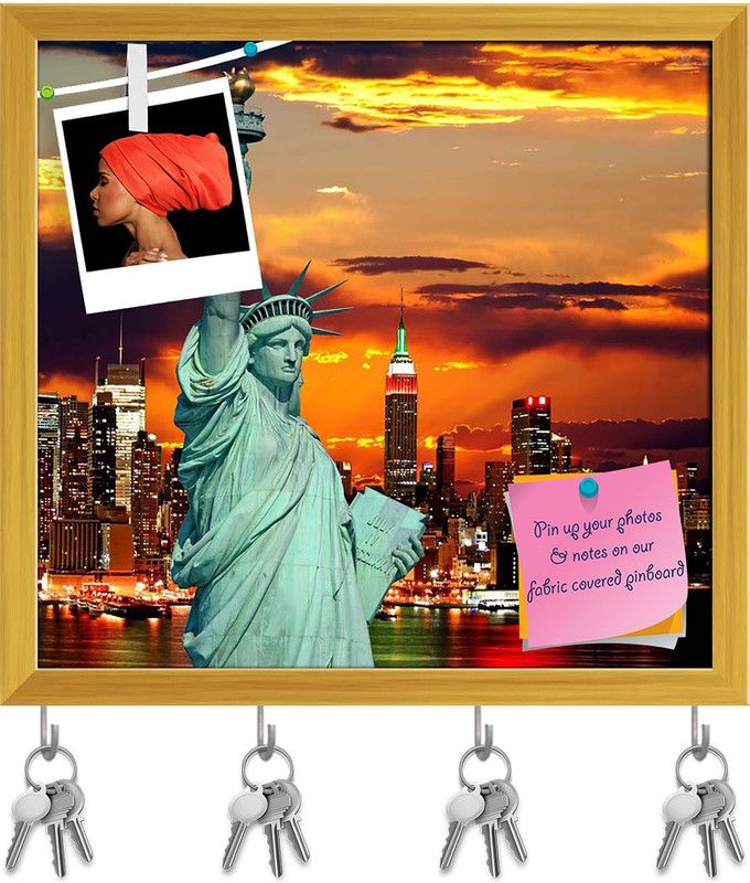 Artzfolio The Statue Of Liberty & New York City Skyline USA Pinboard Golden 6.4x6in Cork Bulletin Board  (Multicolor 6.4 x 6 inch (16 x 15 cms))