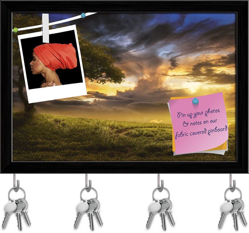Artzfolio Hill at Sunset Pin Board with Key Holder Hooks Black Frame 11.6x8inch (29x20cms) Cork Bulletin Board  (Multicolor 11.6 x 8 inch (29 x 20 cms))