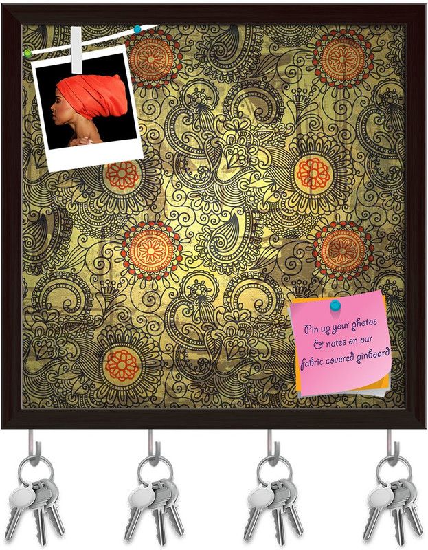 Artzfolio Flower Paisley Design D2 Pinboard with Key Holder Hooks Dark Brown Frame 8x8inch Cork Bulletin Board  (Multicolor 8 x 8 inch (20 x 20 cms))