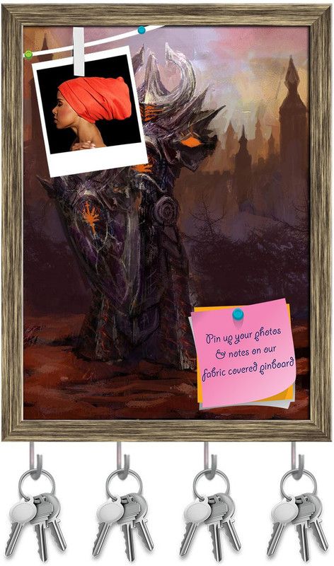 Artzfolio Devil Style Pinboard with Key Holder Hooks Antique Golden Frame 8x10.6inch Cork Bulletin Board  (Multicolor 8 x 10.6 inch (20 x 27 cms))