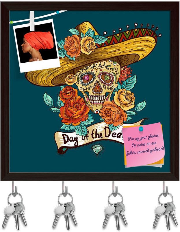 Artzfolio Skull With Floral Background Pinboard with Key Holders Dark Brown Frame20x20inch Cork Bulletin Board  (Multicolor 20 x 20 inch (51 x 51 cms))