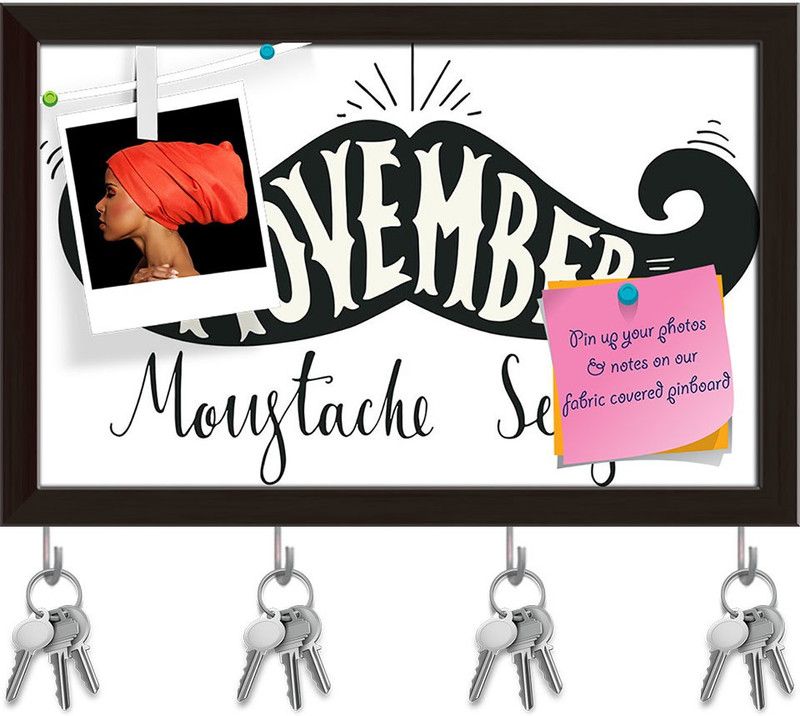 Artzfolio Moustache D2 Pinboard with Key Holder Hooks Dark Brown Frame 18.8x12inch Cork Bulletin Board  (Multicolor 18.8 x 12 inch (48 x 30 cms))