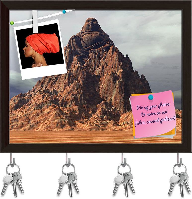 Artzfolio Buddha Mountain Pinboard with Key Holder Hooks Dark Brown Frame 12.7x10inch Cork Bulletin Board  (Multicolor 12.7 x 10 inch (32 x 25 cms))