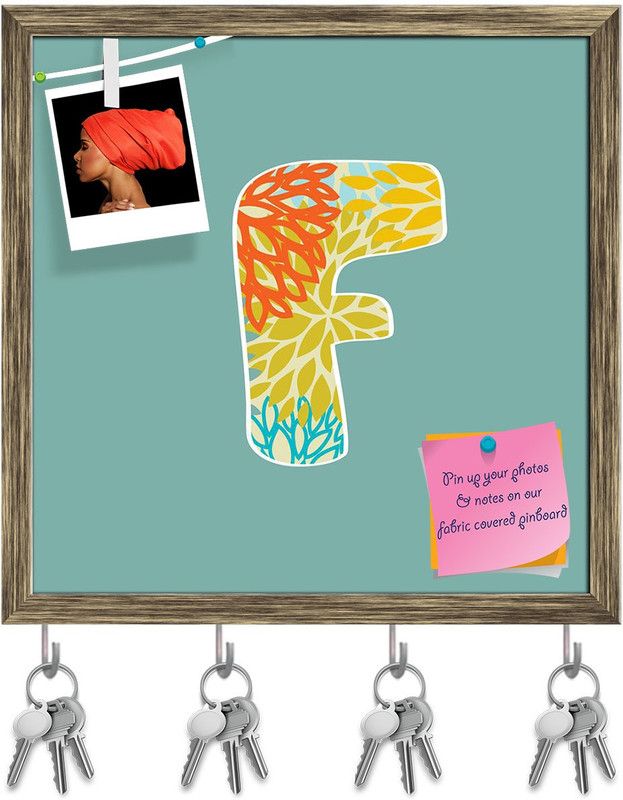 Artzfolio Floral Letter F Pinboard with Key Holder Hooks Antique Golden Frame 16x16inch Cork Bulletin Board  (Multicolor 16 x 16 inch (41 x 41 cms))