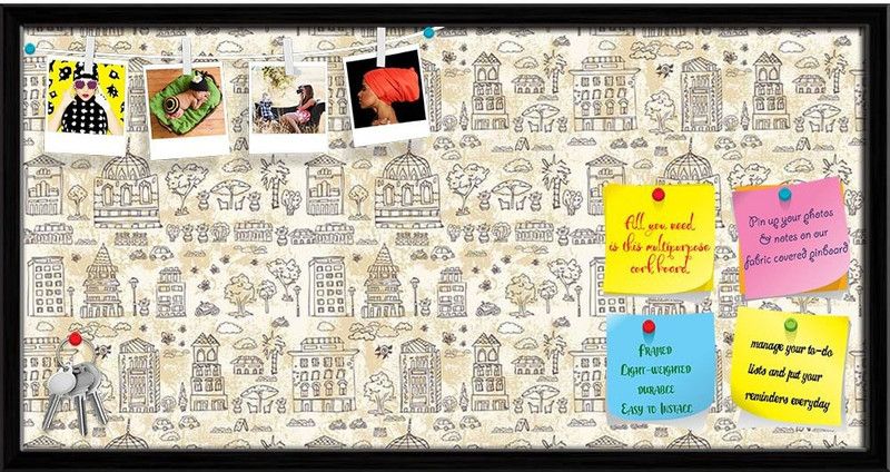 Artzfolio City Doodle Grunge D2 Notice Pin Board Soft Board with Push Pins Cork Bulletin Board  (Black Frame 36 x 18 inch (91 x 46 cms))