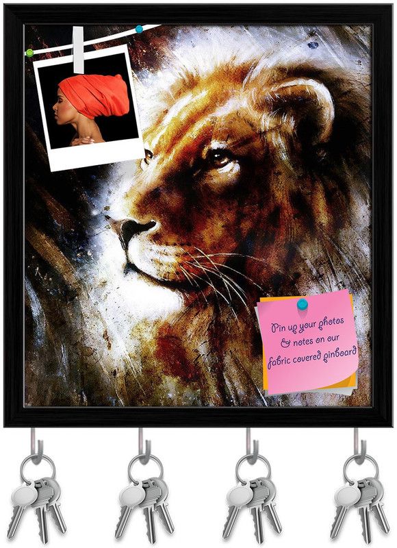Artzfolio Lion Portrait With Bird Feathers Pin Board with Key Hooks Black Frame 8x8.7inch Cork Bulletin Board  (Multicolor 8 x 8.7 inch (20 x 22 cms))