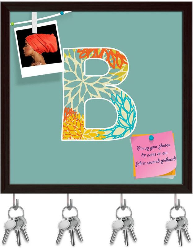 Artzfolio Floral Letter B Pinboard with Key Holder Hooks Dark Brown Frame 10x10inch Cork Bulletin Board  (Multicolor 10 x 10 inch (25 x 25 cms))