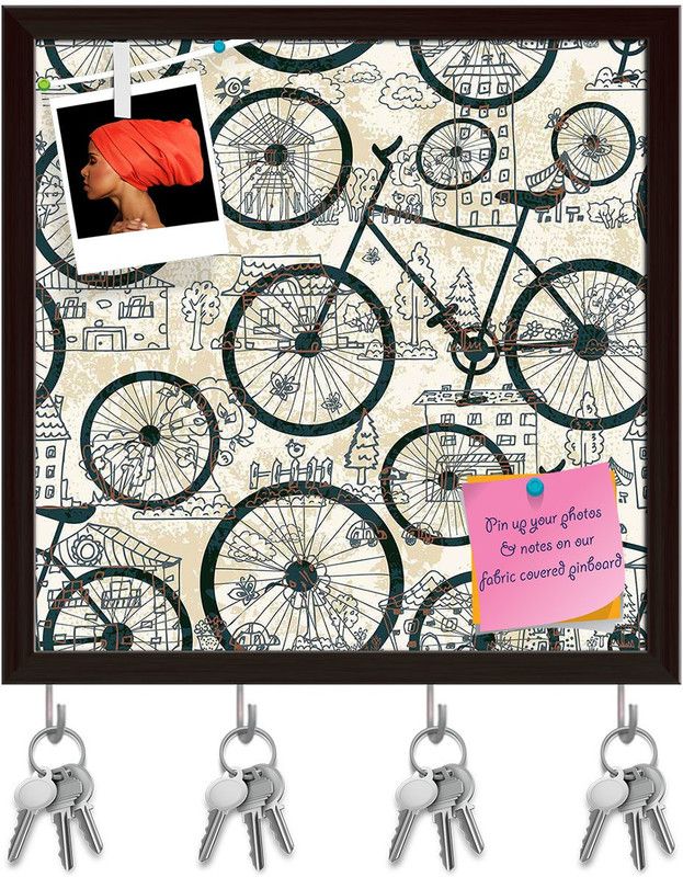 Artzfolio Bicycles D1 Pinboard with Key Holder Hooks Dark Brown Frame 20x20inch (51x51cms) Cork Bulletin Board  (Multicolor 20 x 20 inch (51 x 51 cms))