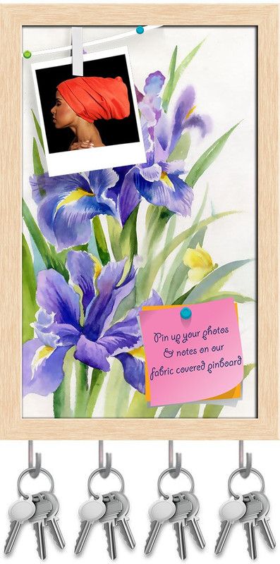 Artzfolio Flower Collection Irises Pinboard with Key Holders Natural Brown Frame10x16inch Cork Bulletin Board  (Multicolor 10 x 16 inch (25 x 41 cms))
