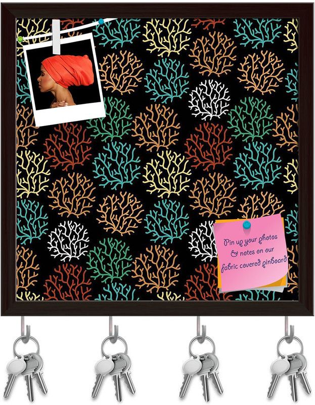 Artzfolio Spring Leaves D4 Pinboard with Key Holder Hooks Dark Brown Frame 20x20inch Cork Bulletin Board  (Multicolor 20 x 20 inch (51 x 51 cms))