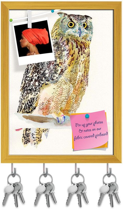 Artzfolio Owl on a Branch Pin Board with Key Holders Golden Frame 12x16.2inch (30x41cms) Cork Bulletin Board  (Multicolor 12 x 16.2 inch (30 x 41 cms))
