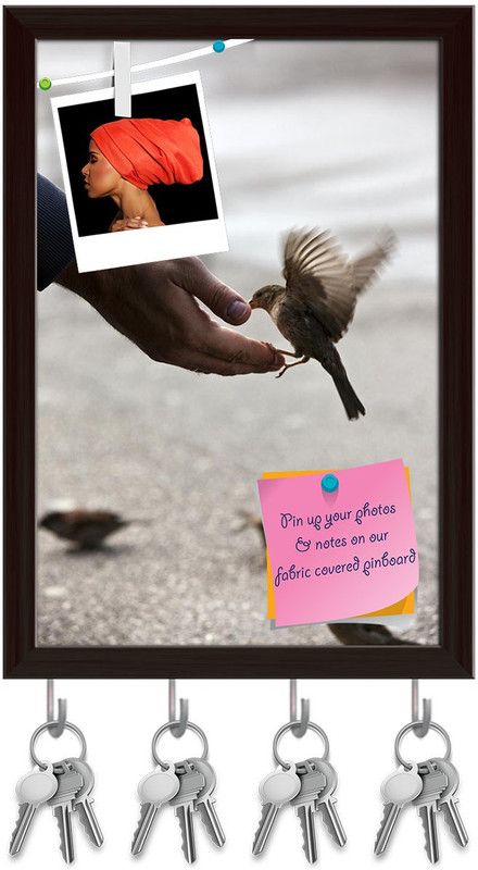 Artzfolio Bird Feeding Hand Pinboard with Key Holder Hooks Dark Brown Frame 10x14.5inch Cork Bulletin Board  (Multicolor 10 x 14.5 inch (25 x 37 cms))