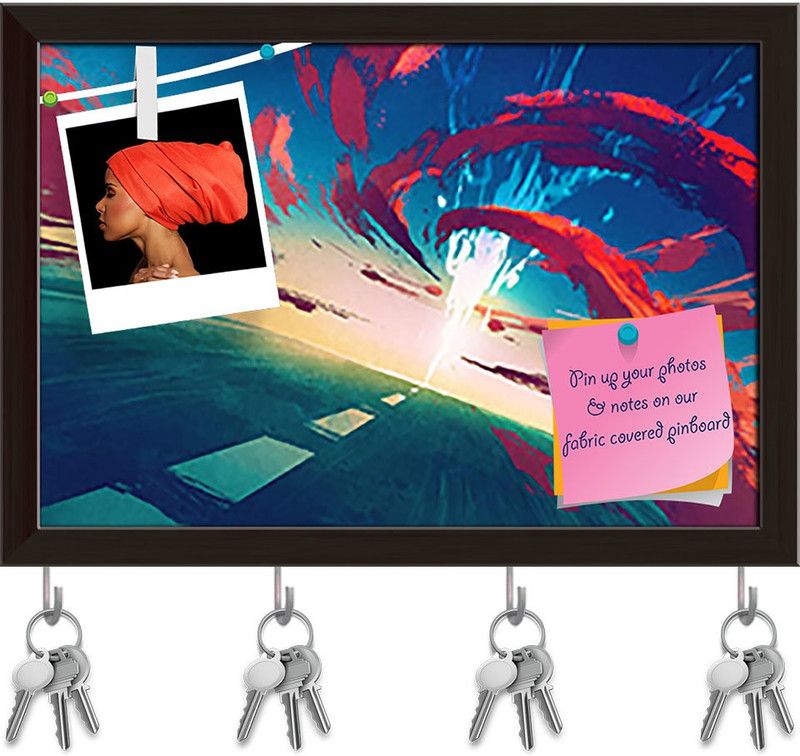 Artzfolio Road With Lightning & Red Storm Pinboard & Key Holders Dark Brown Frame17.3x12in Cork Bulletin Board  (Multicolor 17.3 x 12 inch (44 x 30 cms))