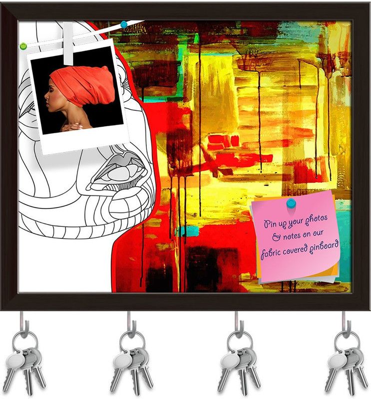 Artzfolio Women Face Pinboard with Key Holder Hooks Dark Brown Frame 7.1x6inch (18x15cms) Cork Bulletin Board  (Multicolor 7.1 x 6 inch (18 x 15 cms))