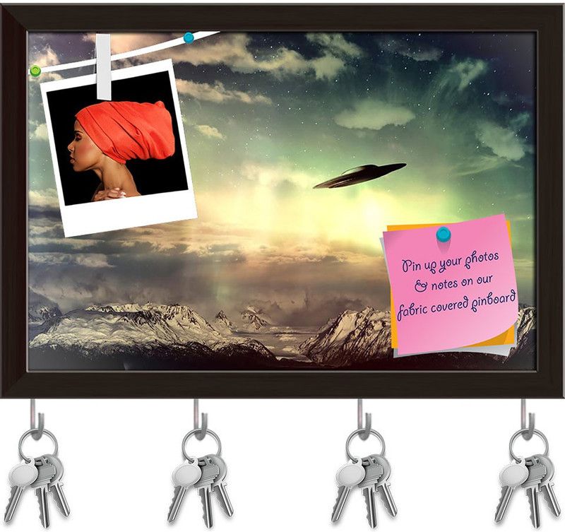 Artzfolio UFO In Surreal Sky Over Snowy Mountains Pinboard & Key Hooks Dark Brown14.5x10in Cork Bulletin Board  (Multicolor 14.5 x 10 inch (37 x 25 cms))