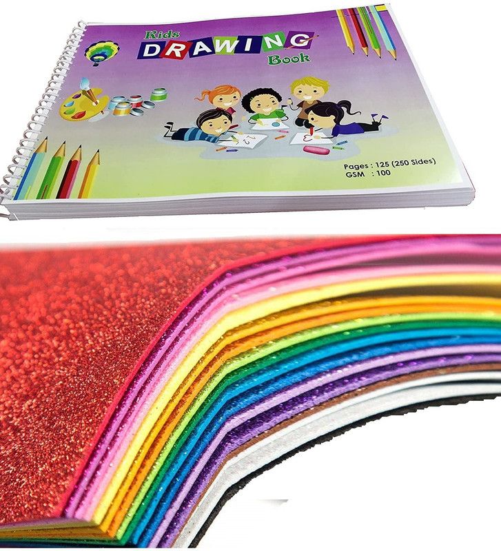 MOREL DRAWING BOOK (250 PAGES, 125 SHEETS) PLAIN PAPER OF 100GSM AND A4 GLITTER FOAM SHEET SPARKLES SELF ADHESIVE STICKY PACK 10 SHEET 10 COLORS X 1PCS EACH FOR ART & CRAFT UNRULED A4 100 gsm Craft paper  (Set of 1, Multicolor)