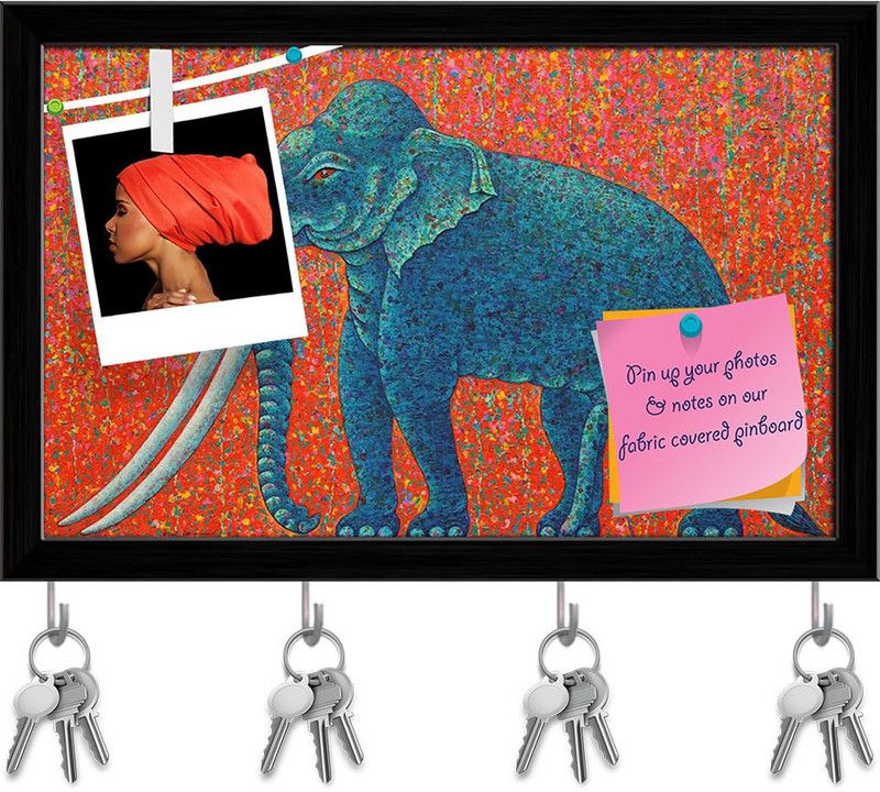 Artzfolio Blue Elephant Pin Board with Key Holder Hooks Black Frame 12.3x8inch (31x20cms) Cork Bulletin Board  (Multicolor 12.3 x 8 inch (31 x 20 cms))