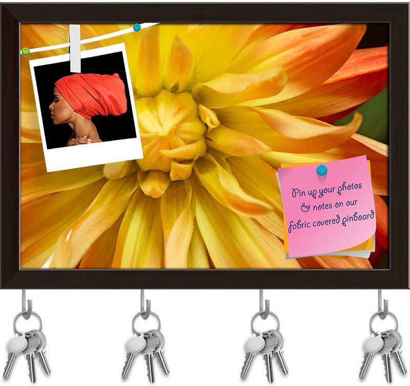 Artzfolio Yellow Orange Double Flowering Dahlia Pinboard & Key Hooks Dark Brown11.5x8in Cork Bulletin Board  (Multicolor 11.5 x 8 inch (29 x 20 cms))