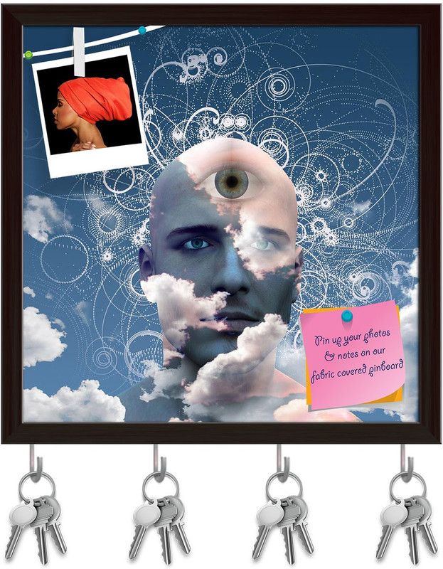 Artzfolio Eye On Cloud Mans Head Pinboard with Key Holder Hooks Dark Brown Frame 16x16inch Cork Bulletin Board  (Multicolor 16 x 16 inch (41 x 41 cms))