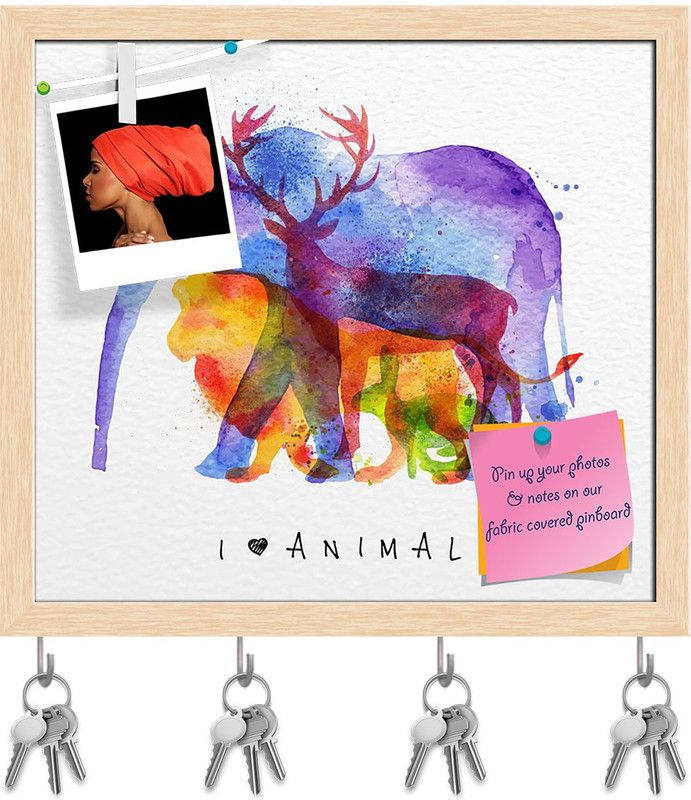 Artzfolio Color Animals Elephant Deer Lion Rabbit Pinboard & Key Hooks Brown17.6x16in Cork Bulletin Board  (Multicolor 17.6 x 16 inch (45 x 41 cms))