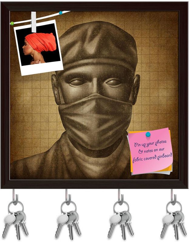 Artzfolio Doctor With A Surgical Mask Pinboard with Key Holders Dark Brown Frame8x8inch Cork Bulletin Board  (Multicolor 8 x 8 inch (20 x 20 cms))