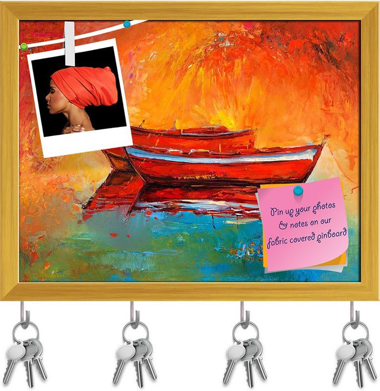 Artzfolio Artwork Of Boats & Sea Pin Board with Key Holders Golden Frame 10.1x8inch Cork Bulletin Board  (Multicolor 10.1 x 8 inch (26 x 20 cms))
