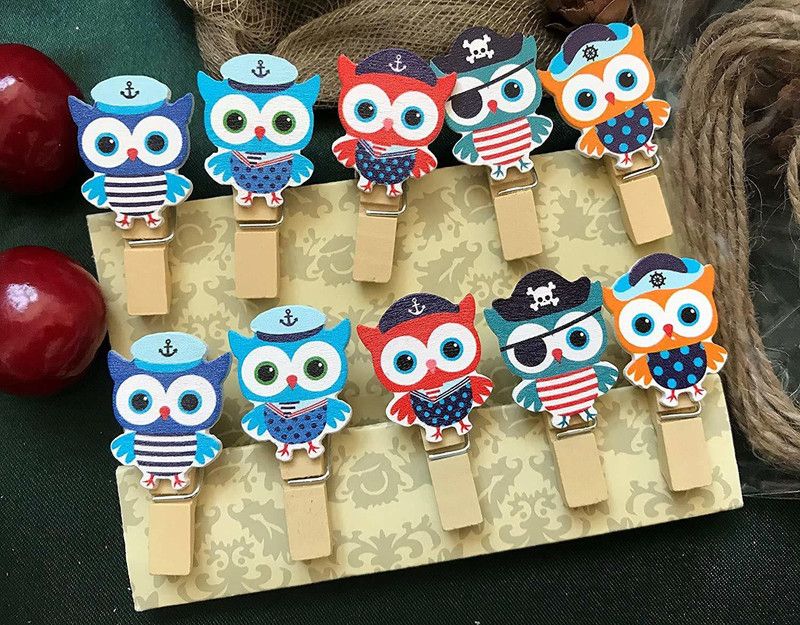 NYRWANA DELIVERING SMILES IN INIDA 10 Pcs. Cute Blue Owl Designer Postcard Photo Clips Paper Pegs Pin/Clothespin For Decoration Supplies Hanging Photos Small Wood Pegs Pin  (Set of 10, Multicolor)