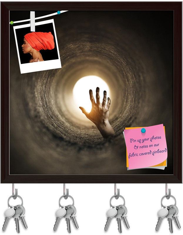 Artzfolio Zombified Hand Pinboard with Key Holder Hooks Dark Brown Frame 8x8inch Cork Bulletin Board  (Multicolor 8 x 8 inch (20 x 20 cms))